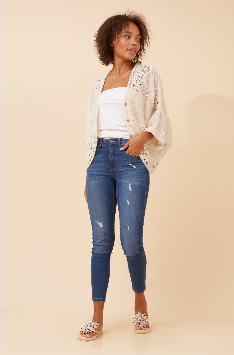 Caroline Morgan 3/4 Sleeve Embroidered Cardigan in Beige